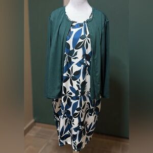 Green Cardigan with Blue and White Leaf Print Dress